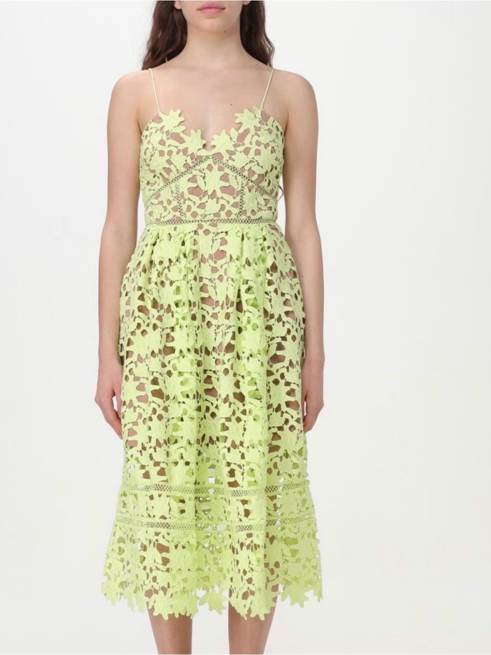 Self-Portrait Lime Green Floral Cutwork Midi Dress